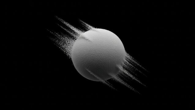 Cosmic sphere exploding into glowing dust particles, abstract grey orb dissolving in outer space, accelerating concept
