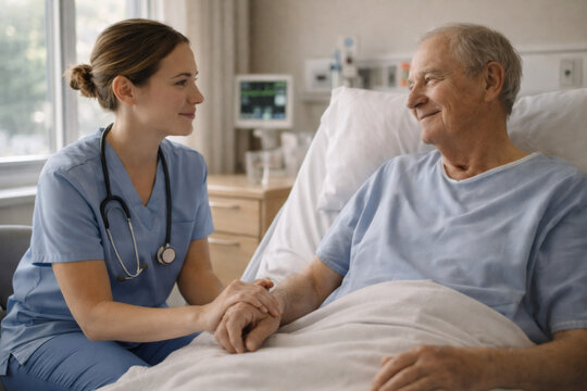 Compassionate nurse holding elderly patient&rsquo;s hand in hospital