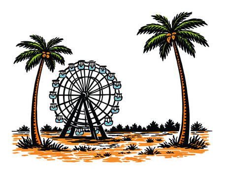 Ferris Wheel Between Palm Trees in Desert Landscape Vector Illustration