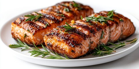 Savory grilled salmon fillets with fresh rosemary on a clean white plate