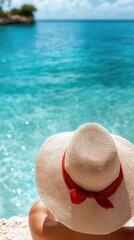 Enjoying summer serenity by the turquoise sea with a stylish hat