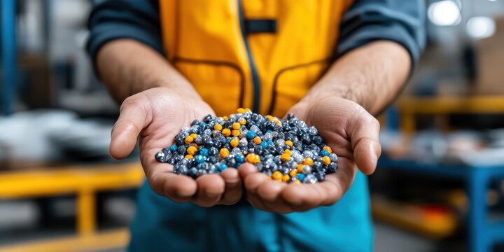 Worker showcasing vibrant plastic resin pellets in a factory setting