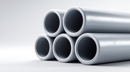 Fototapeta premium Close-up view of grey PVC pipes stacked horizontally, showcasing circular openings and smooth surfaces, with soft diffused lighting enhancing the industrial aesthetic
