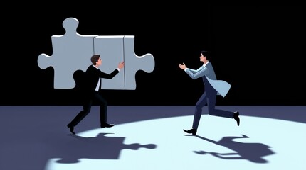 Fototapeta premium Business concept. People connect puzzle elements. Flat illustration in flat design style. Teamwork, partnership. Businessmen working together and moving towards success