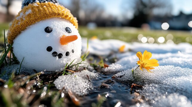 Snowman melting on a sunny meadow with spring flowers emerging