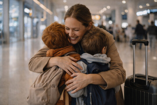 Mother Reuniting With Children at Airport Arrival
