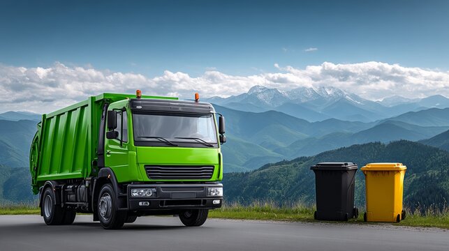 Green garbage truck parked on a road with two plastic waste containers against the backdrop of the Carpathian Mountains under a clear blue sky