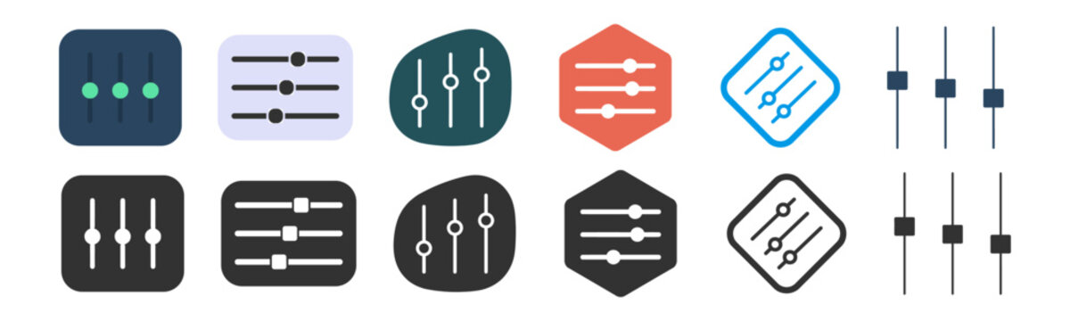 Slider control and settings adjustment icons set, equalizer mixer interface panel vector illustration isolated on transparent background
