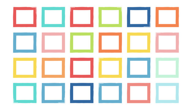 Colorful square brush frame borders set, hand drawn paint box template elements isolated on transparent background