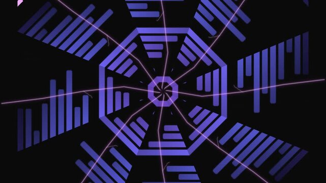 Abstract geometric pattern with a central octagon and radiating blue bars on a dark background, intersected by wavy pink lines, resembling a digital equalizer.