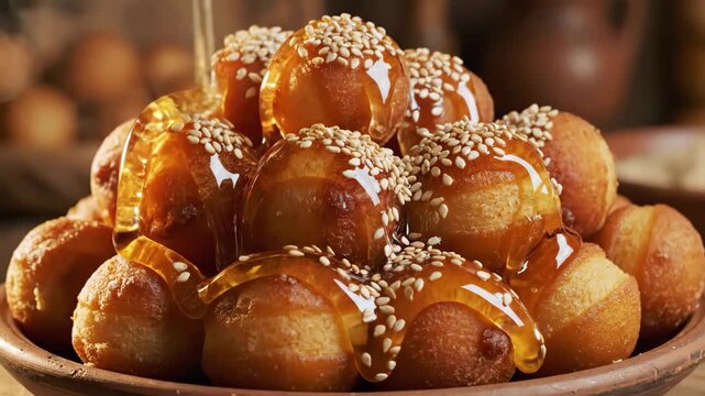Slow motion golden honey drizzling on fresh bakery donuts 4k footage