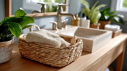 Fototapeta premium Boho contemporary bathroom vanity sink with elegant details