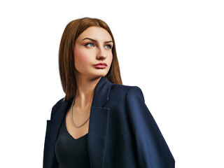 A woman in a black business jacket and black pants is wearing a necklace. She is standing in front of a white background. Stunning young model with long hair. Beauty and fashion. Confident lady boss.
