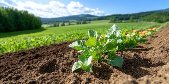 Organic vegetables thriving in a lush agricultural field under bright skies