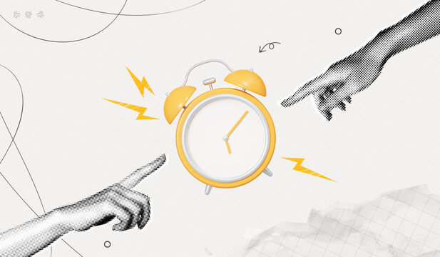 Trendy Halftone Collage Hands with Yellow Alarm clock and lightnings. Deadline concept. Time management. Business planning and organisation. Contemporary vector illustration art
