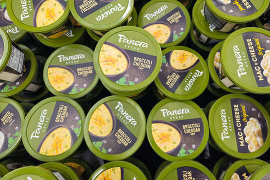 Panera Bread Broccoli Cheddar Soup, Bake Potato Soup and Mac & Cheese microwaveable meals in the refrigerated section of a grocery store (Minneapolis, USA - Feb 8, 2026). Editorial Use Only.