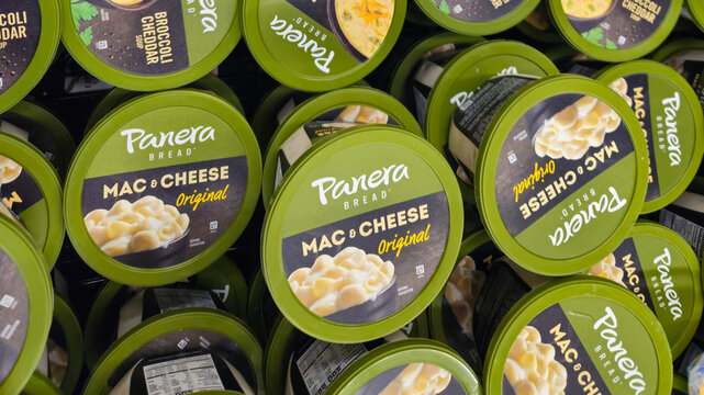 Panera Bread Mac & Cheese microwaveable meals in the refrigerated section of a grocery store Minneapolis, USA - Feb 8, 2026. Editorial Use Only.
