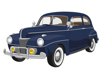 Classic 1940s Style Dark Blue Sedan - Vintage American Antique Car with Whitewall Tires and Chrome Details