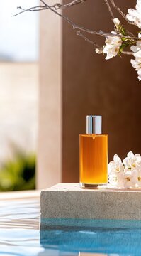 Golden amber elixir radiates warmth on an elegant stone platform