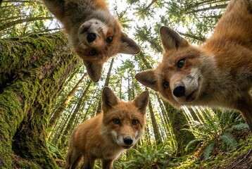 Obraz premium Three curious red foxes peer down into a forest with moss-covered trees