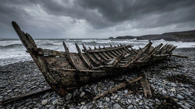 Decaying wooden longboat hull on a pebble beach