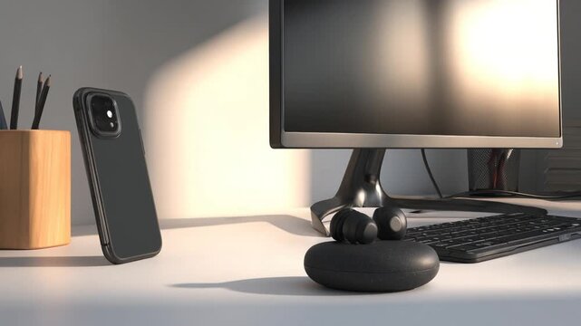 Modern workspace setup with smartphone computer and accessories