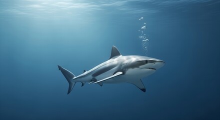 Obraz premium Majestic shark swimming underwater with sunlight filtering through ocean water