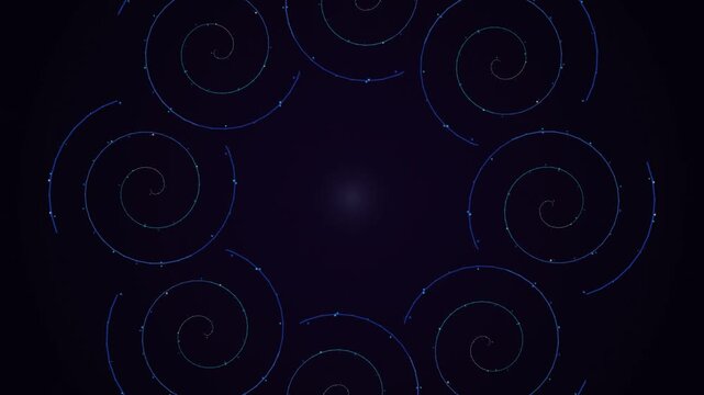 Abstract dark background with multiple glowing blue spiral patterns arranged in a circular formation around a central light point.