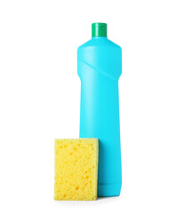 Toilet cleaner in bottle and sponge isolated on white