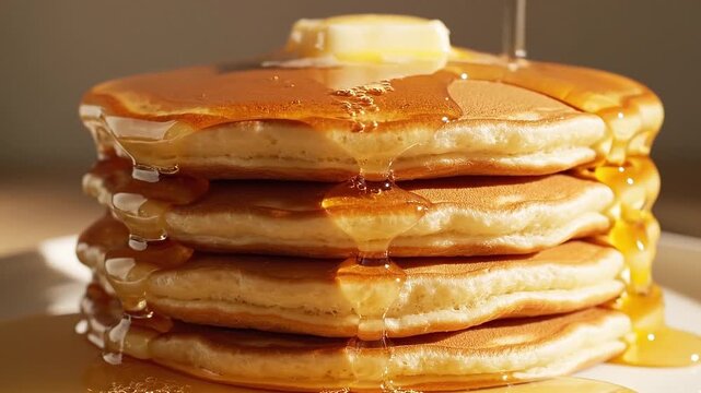 Delicious stack of pancakes with butter and syrup, a classic breakfast dish