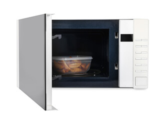 Obraz premium Modern microwave with cooked potato wedges isolated on white