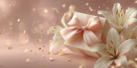Fototapeta premium Luxury floral composition with ribboned gift and sparkling bokeh, ideal for premium March 8 invitations and banners.