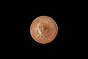 2006 French 5 cent euro coin features the portrait of the young, feminine Marianne wearing a Phrygian cap with a cockade, national personification of the French Republic for a sound and lasting Europe