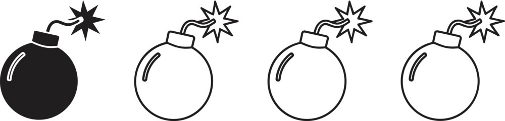 Fototapeta premium Bomb illustration set, cartoon style, fuse spark, filled and outline versions, explosive symbol theme - flat vector design