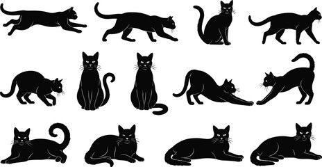 Cat silhouette set, walking, sitting, crouching, stretching, lying down, feline body language theme - flat vector illustration © MSTRAMANA