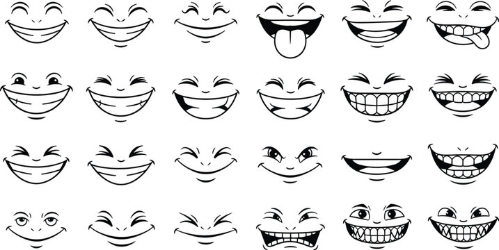 Cartoon smiling face icon set, playful expressions, tongue, teeth, exaggerated eyes, humorous emotions - flat vector illustration