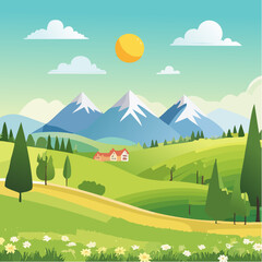 Obraz premium Sunny Mountain Landscape with Green Hills and Country House – Scenic Nature Vector Illustration