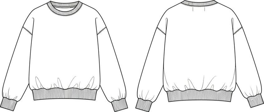 Sweatshirt technical flat sketch, crew neckline, ribbed cuffs and hem, dropped shoulder seams, front and back views - vector illustration