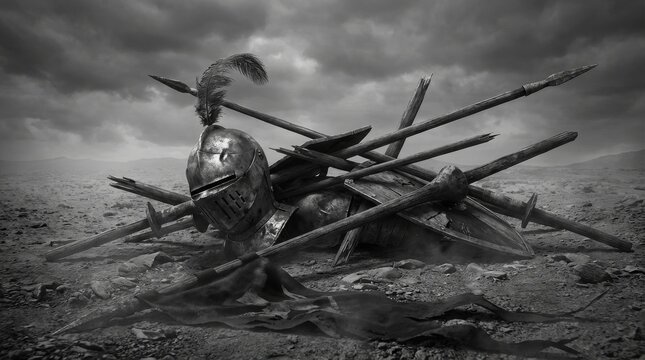 Fallen Knight Helmet Amidst Battle Debris