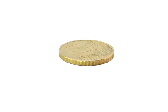 Side-angle view of a 50-cent Euro coin's reverse. Features the face value and European map on a golden-toned Nordic gold surface, isolated on a plain transparent white background.