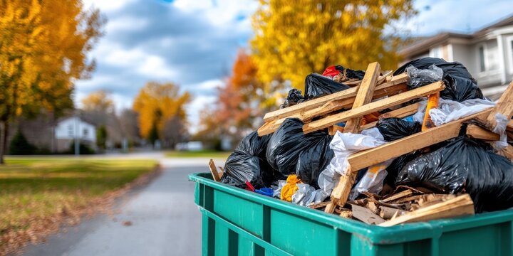 Green industrial dumpster overflowing with construction debris in autumn