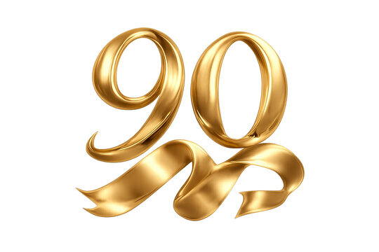 Gold number 90 with ribbon for anniversary celebration