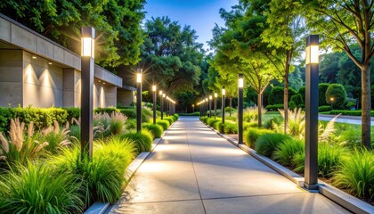 Beautifully Illuminated Pathway with Modern Lights and Lush Greenery in Evening Garden Setting