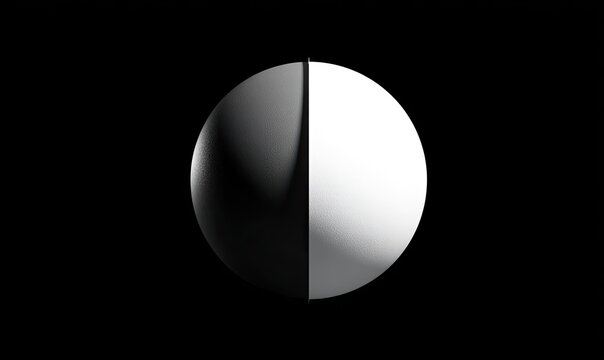 Divided sphere, black & white contrast, minimalist design on dark background