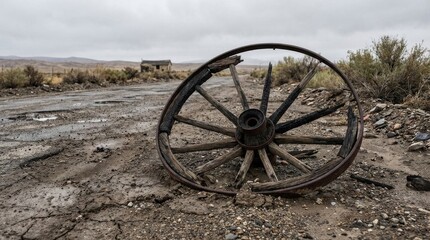 Fototapeta premium Old broken wooden wagon wheel in desolate landscape