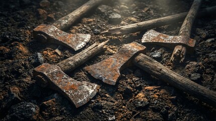 Fototapeta premium Old Rusty Axes Scattered on the Ground