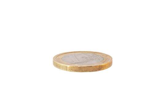 1 euro coin lying flat with the reverse side or tails view showing the face value with the European map design and edge detail, isolated on a transparent background.
