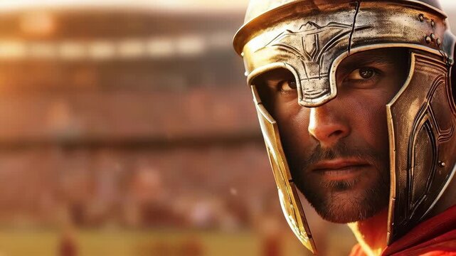 Roman Soldier's Gaze: A stoic Roman soldier, clad in ornate helmet, his piercing eyes conveying courage and determination, stands against the backdrop of an ancient arena.