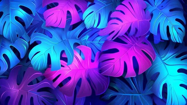 Neon Leafscape: A mesmerizing composition of vibrant monstera leaves bathed in an ethereal neon glow, evoking a sense of modern nature.