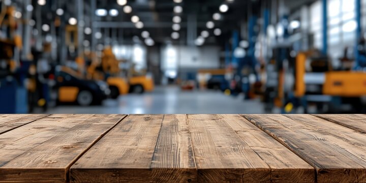 Inviting wooden table set against a vibrant auto repair shop backdrop